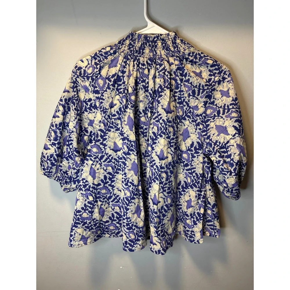 Free People Willow Purple Blue Floral Smocked‎ Puff Sleeve Blouse Oversizd